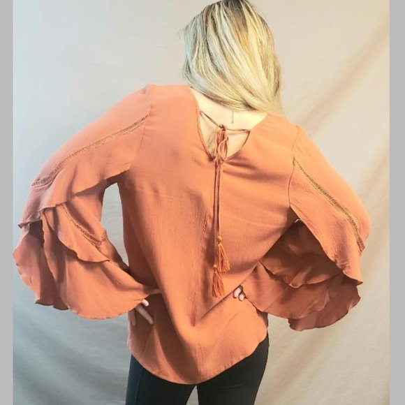 Burnt Orange Ruffle Bell Sleeve Surplus Blouse - Picture 6 of 6